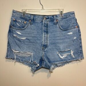 Levi's Jean Shorts 501 Distressed Cutoff Button Fly Blue Denim Size 33 Festival